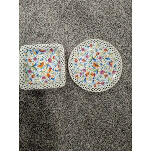 Vintage Germany Basket Weave Bowl Floral Gold Trim Square Reticulated Dish 1930‎